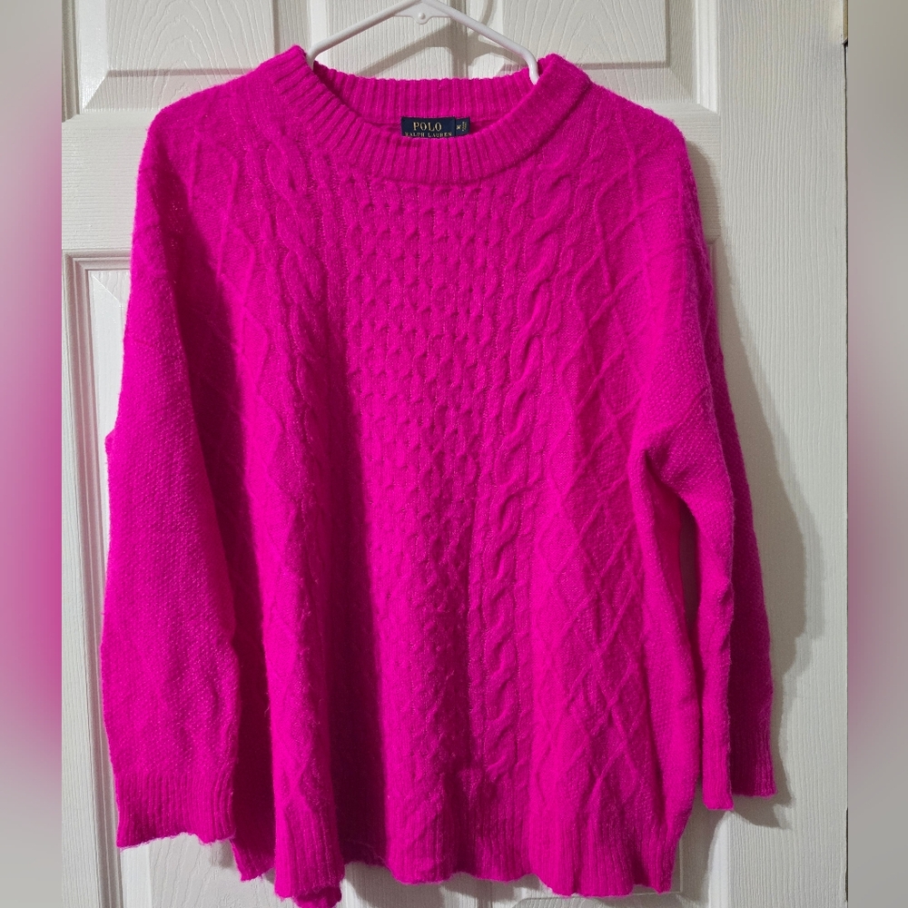Polo Ralph Lauren Hot Pink Wool Blend Lightweight Relaxed Fit Cable Knit Sweater
